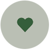 light grey circle with a black outline, with a green heart icon in the middle