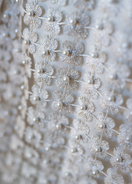 close up image of lace with a repetitive floral pattern made with small four-petal flowers with a pearl in the center, connected by thin white thread