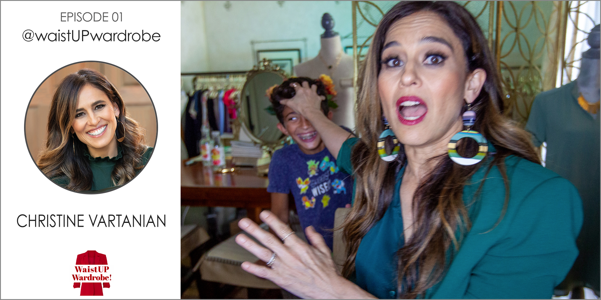 Christine Vartanian wearing large colorful earrings and teal shirt caught mid-moment pushing her son away behind her for being in her camera shot for her first blooper episode